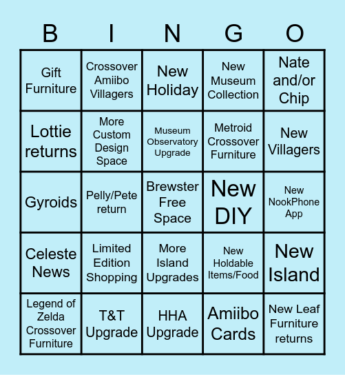 Animal Crossing Direct 2021 Bingo Card