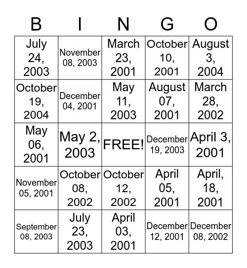 BIRTHDATES BINGO     (Ms. Vargas) Bingo Card