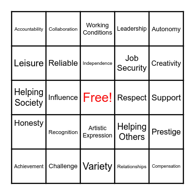 Work Values Bingo Card