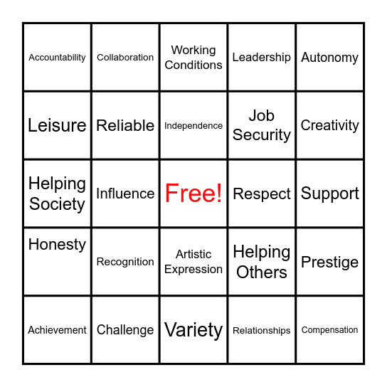 Work Values Bingo Card