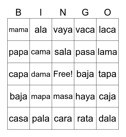 Silabas con a Bingo Card