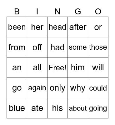 Sight Words Bingo Card