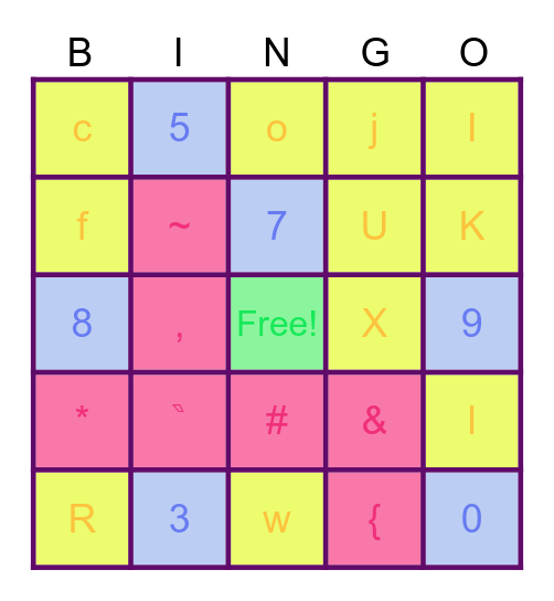 Key board Bingo Card
