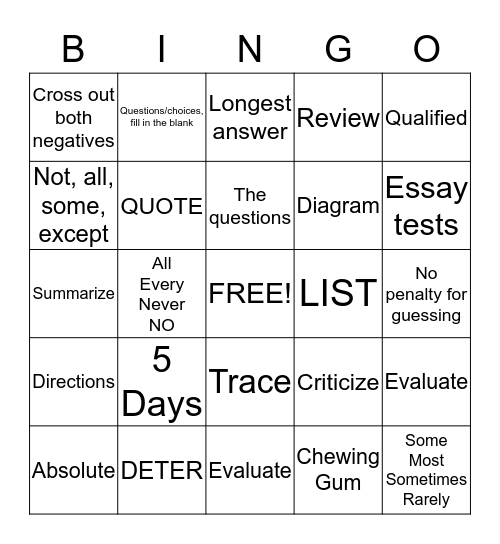 Test Taking Skills Review Bingo Card