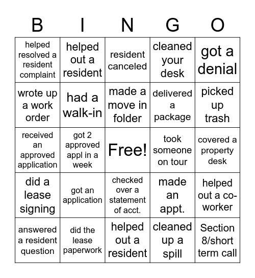 LEASING CONSULTANT/ASST MANAGER Bingo Card