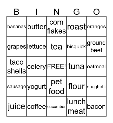 Grocery Words Bingo Card
