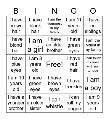 All About Me Bingo Card
