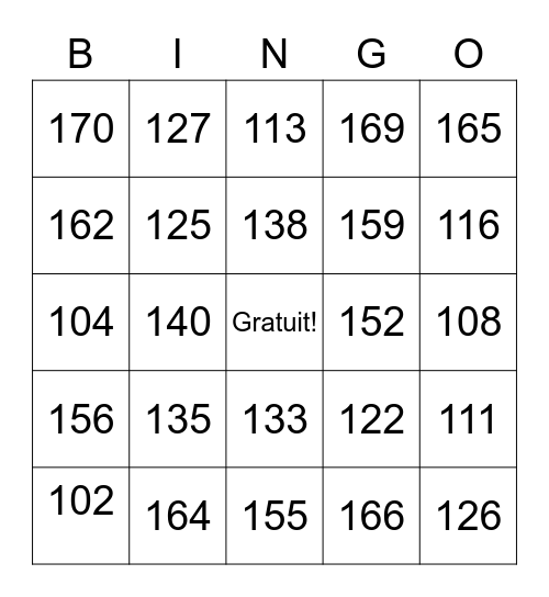 Les nombres 100-200 Bingo Card