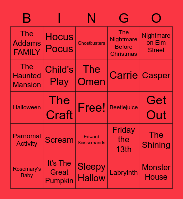 Spooky/ Scary Movies Bingo Card