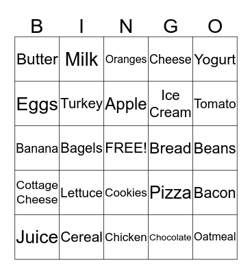 Nutrition Bingo Card