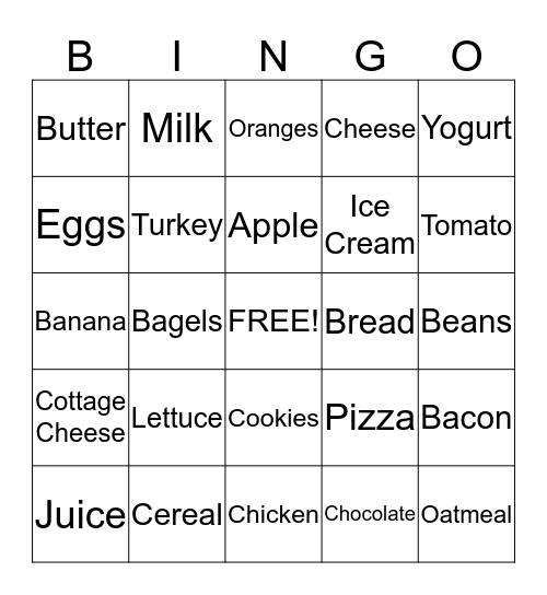 Nutrition Bingo Card