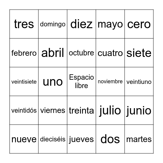 Los números/meses/días Bingo Card