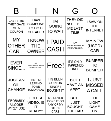 SERVICE BINGO Card