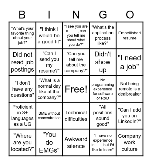 Career Fair Bingo Card