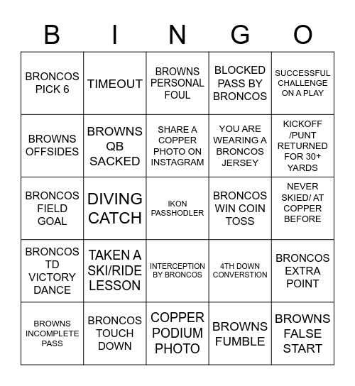 Broncos Stoke Event Bingo Card