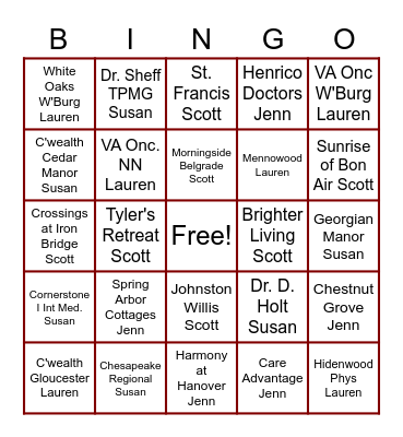 Traditions Hospice Bingo Card