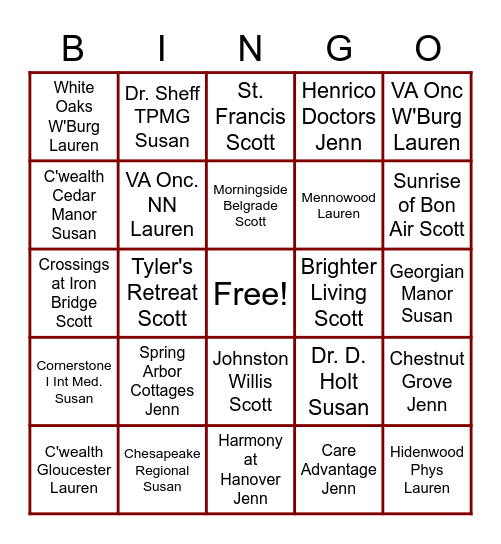 Traditions Hospice Bingo Card