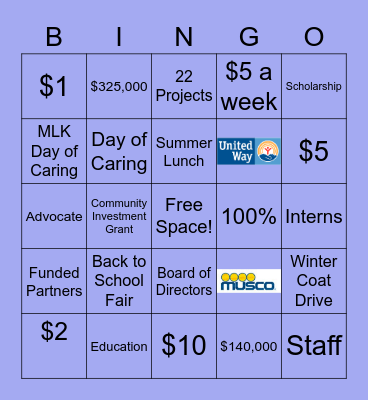 Musco 2021 United Way Bingo Card