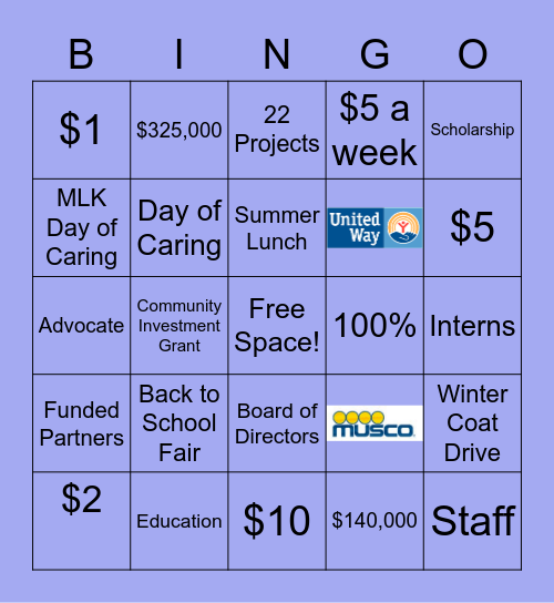 Musco 2021 United Way Bingo Card