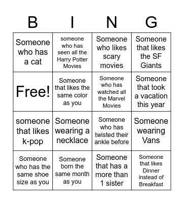 Getting to know you Bing Bingo Card