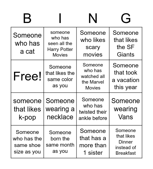 Getting to know you Bing Bingo Card