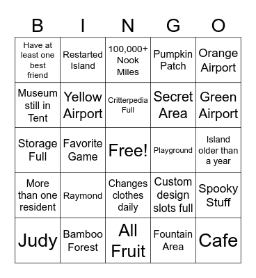 Animal Crossing New Horizons Bingo Card