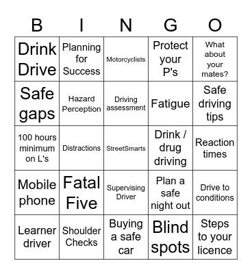 Caloundra SHS - Road Safety Bingo Card