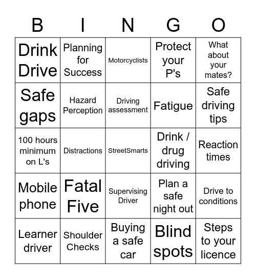 Caloundra SHS - Road Safety Bingo Card