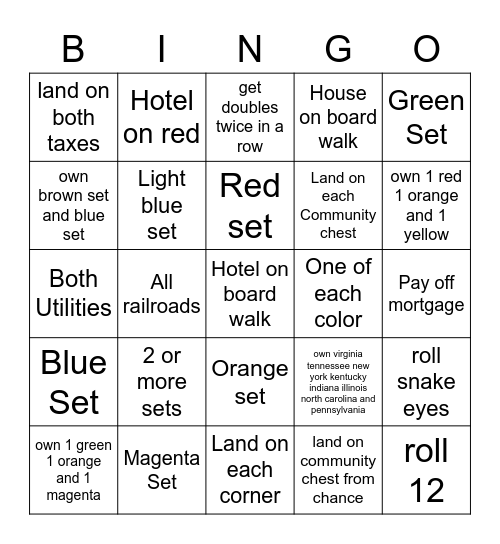 Monopoly Bingo Card