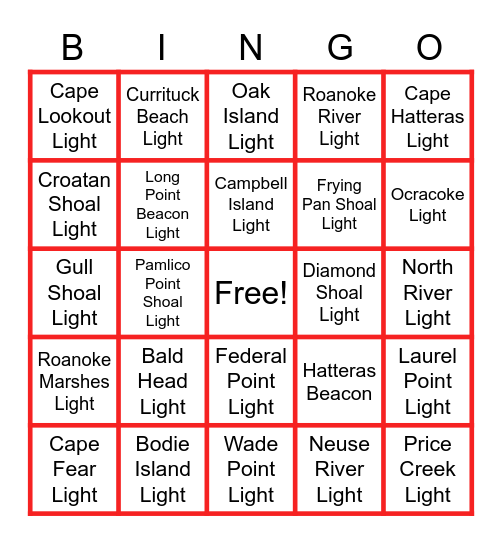 NC Lighthouses Past and Present Bingo Card