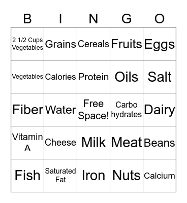 Nutrition Bingo Card