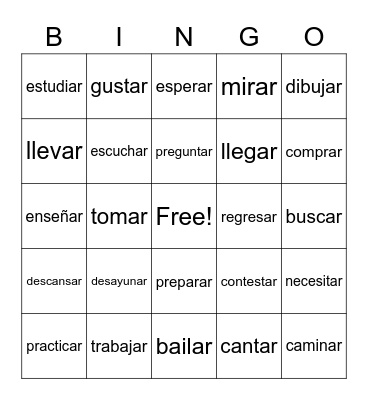 -Ar ending Spanish Verbs Bingo Card