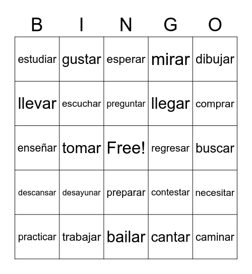 -Ar ending Spanish Verbs Bingo Card