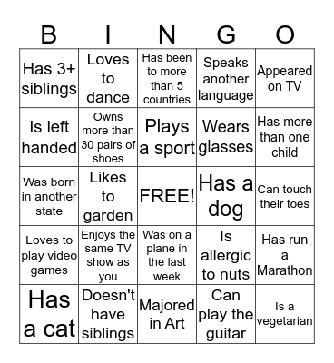 Getting to know you BINGO Card