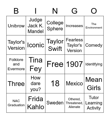 Week 6 TLA 21 Iconic Female Moments in Pop Culture Bingo Card