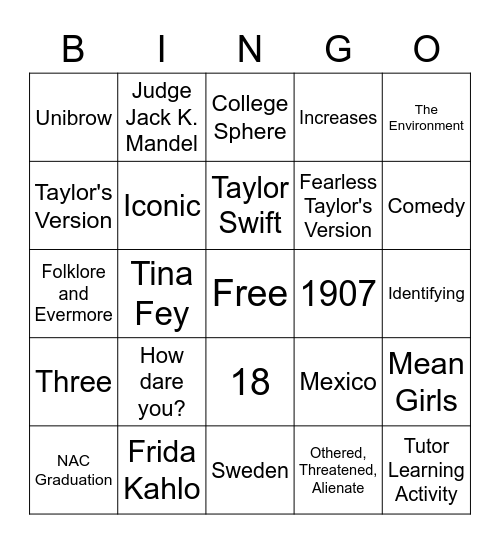 Week 6 TLA 21 Iconic Female Moments in Pop Culture Bingo Card
