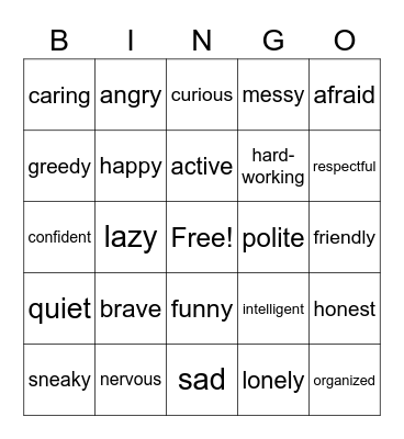 Character Traits Bingo Card