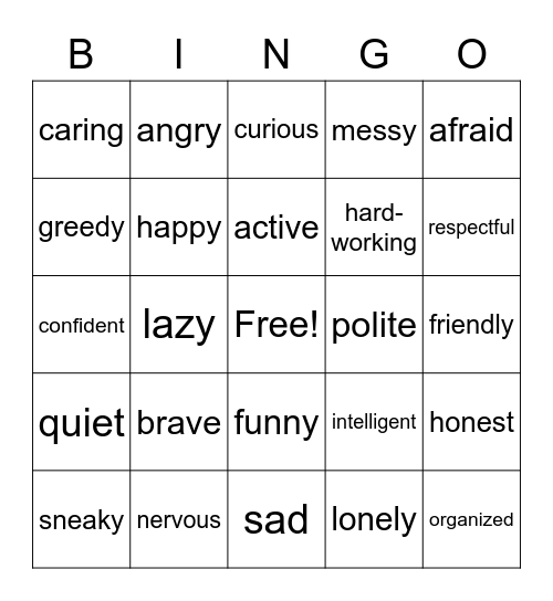 Character Traits Bingo Card