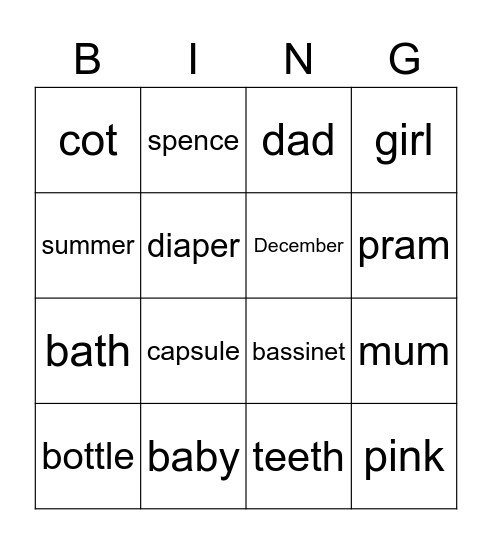 Baby Bingo Card