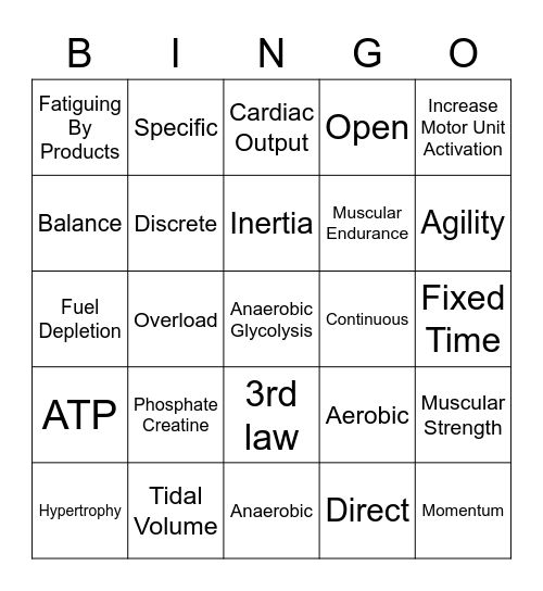 VCE PE Bingo Card