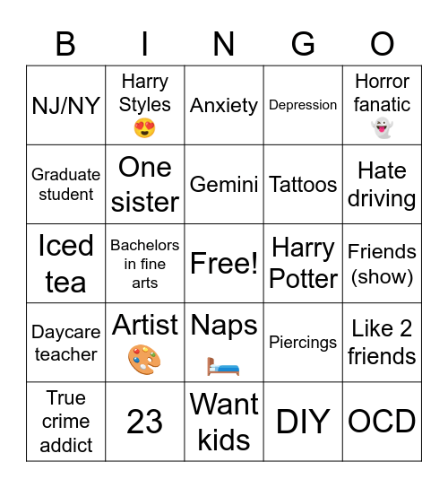 Emily Bingo Card