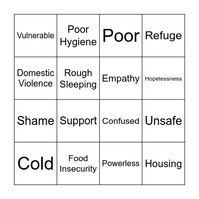 Homelessness Bingo Card