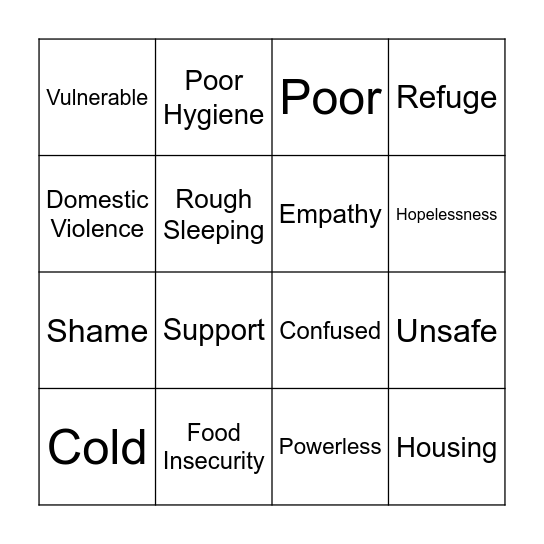 Homelessness Bingo Card