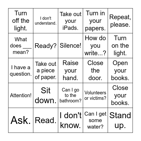 Classroom Expressions Bingo Card