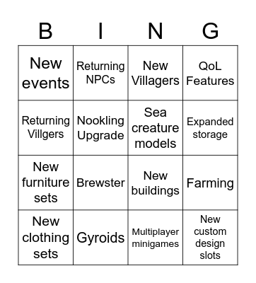 Animal Crossing: New Horizons Nintendo Direct Bingo Card Bingo Card
