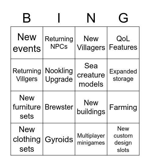 Animal Crossing: New Horizons Nintendo Direct Bingo Card Bingo Card