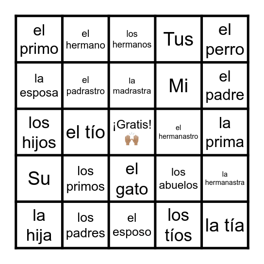 El vocabulario de la familia Bingo Card