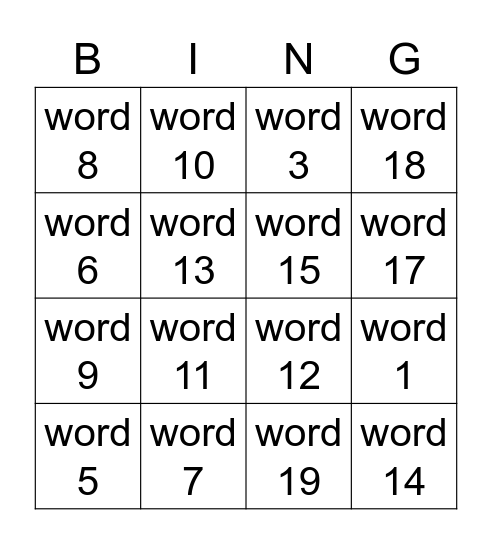 Unit 15 Vocab Prep Bingo Card