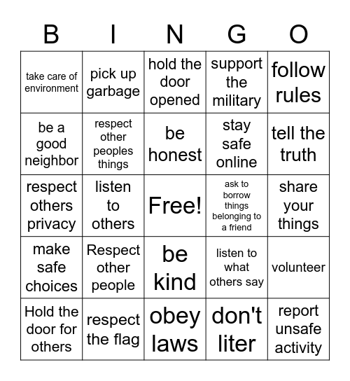 Good Citizen Bingo Card