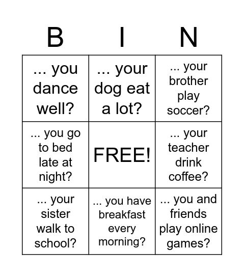 Do or Does? Bingo Card